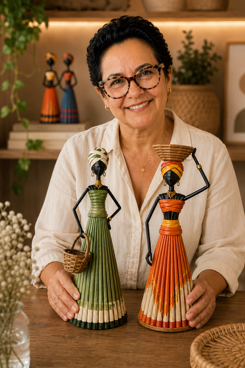 Sonia Martínez con muñecas decorativas
