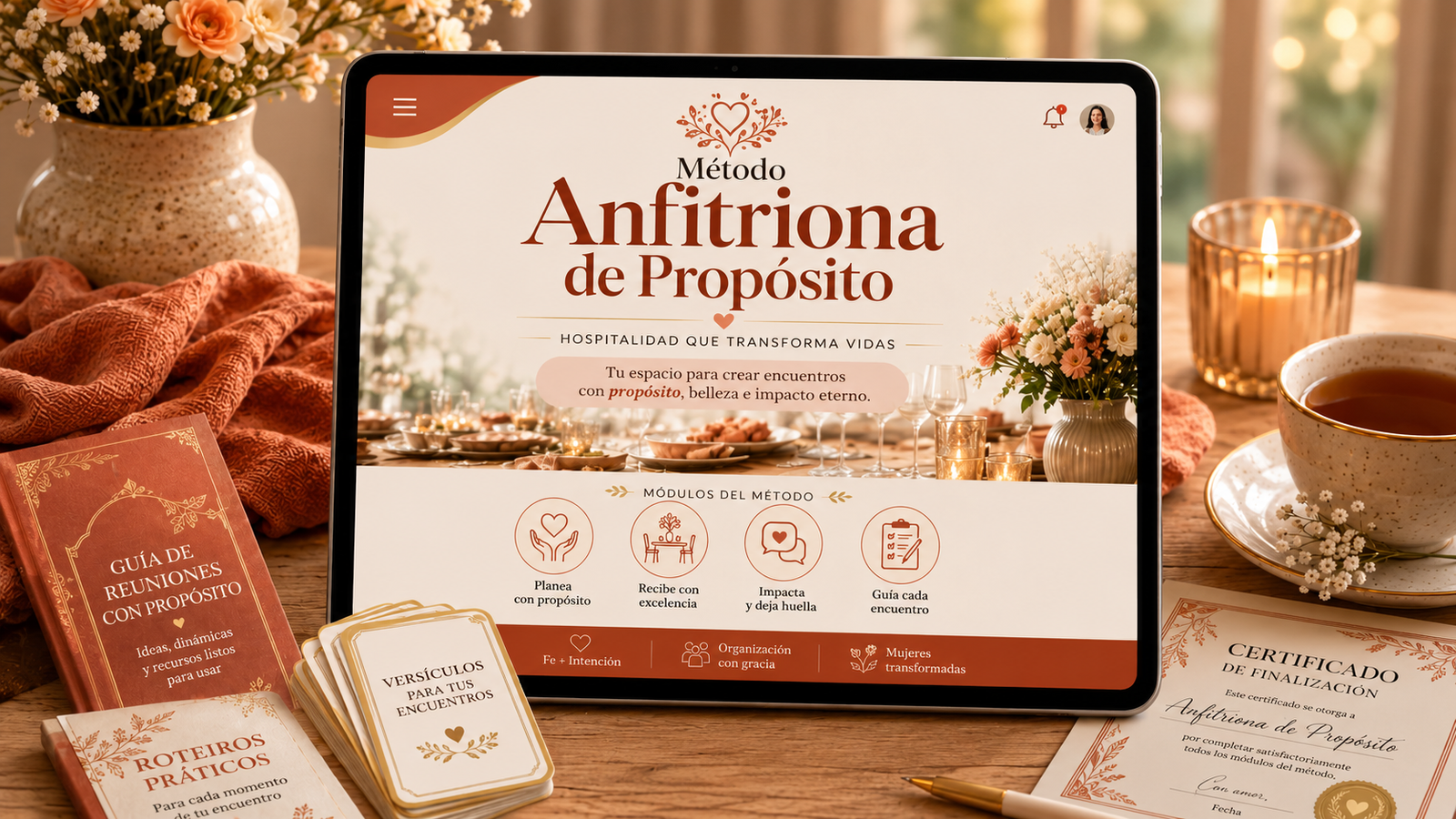 Mockup del Método Anfitriona de Propósito en una tablet, con guías impresas, tarjetas de versículos y certificado sobre la mesa
