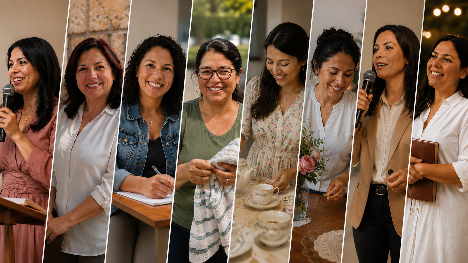 Mujeres cristianas en diferentes momentos de servir, liderar y recibir con hospitalidad