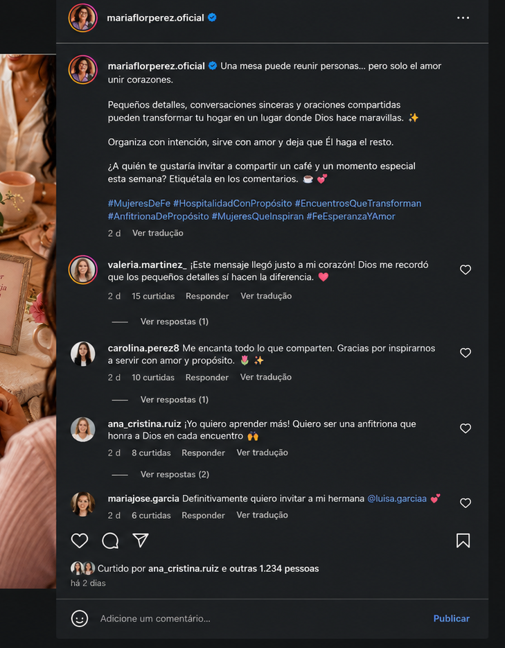 Captura del post de Instagram de María Flor Perez sobre hospitalidad con propósito